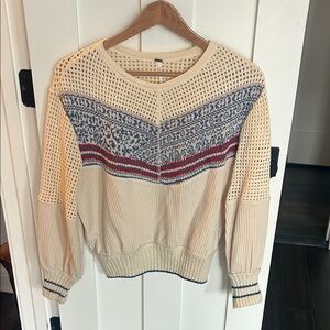 Free People Cream Sweater with Blue and Red Patterns